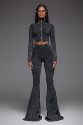 Sexy Zip Front Crop Top Flared Pants Set