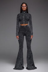 Sexy Zip Front Crop Top Flared Pants Set