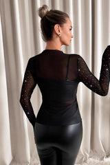 Mesh Rhinestone Mandarin Collar T-shirt