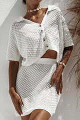 Knit Short Sleeve Crochet Skirt Set