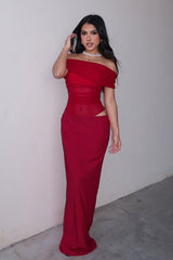 Off-the-Shoulder Ruched Tulle Paneled Cutout Maxi Dress