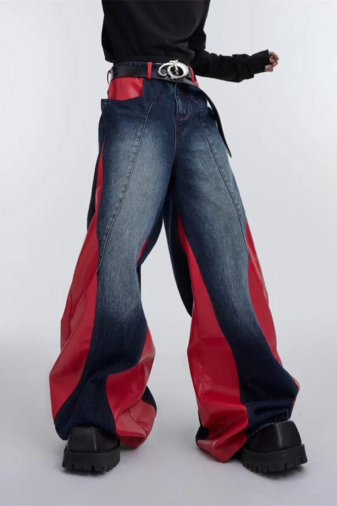 Wide Leg PU Leather Patchwork Jeans