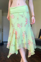 Floral Ruffle Asymmetric Sheer Mesh Vacation Maxi Skirt