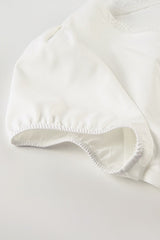 Lace Paneled V Neck Puff Short Sleeve Blouse