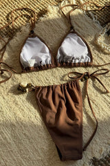 Solid Color Backless Halter Beaded Bikini Set