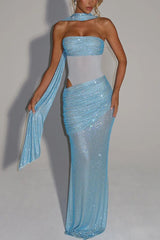 Sequin Sash Strapless Gown Dress