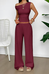 Textured Asymmetrical Tank Top Wide Leg Pants Set