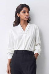 V Neck Satin Long Sleeve Blouse