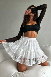 Sheer Lace Jacquard Tiered Mini Skirt
