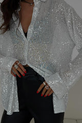 Sexy Sequin Lapel Long Sleeve Shirt