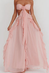 Backless Lace Up Ruffle Strapless Maxi Prom Dress