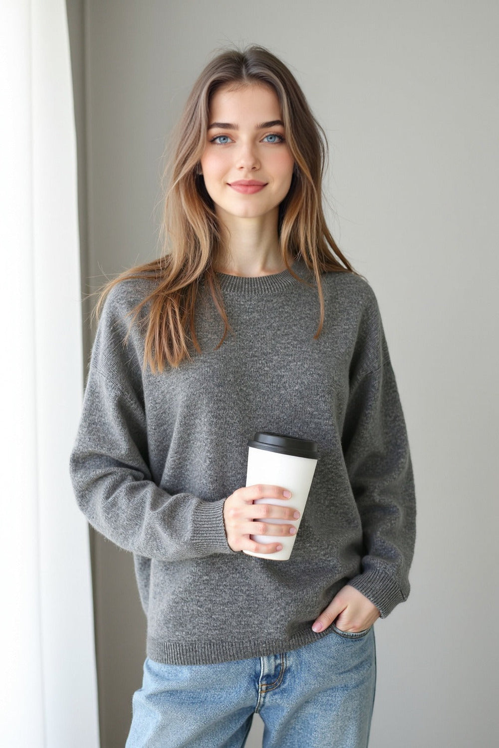 Seamless Knit Wool Pullover Sweater Grey / M