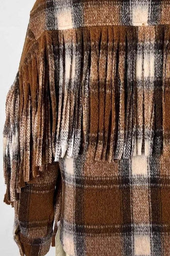 Plaid Fringe Wool Crop Coat