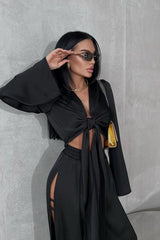 Tie Front Crop Top Split Hem Pants Set