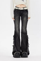 Black Low Rise Frayed Hem Long Flare Jeans