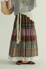 Vintage Plaid Patchwork Flared Boho Skirt