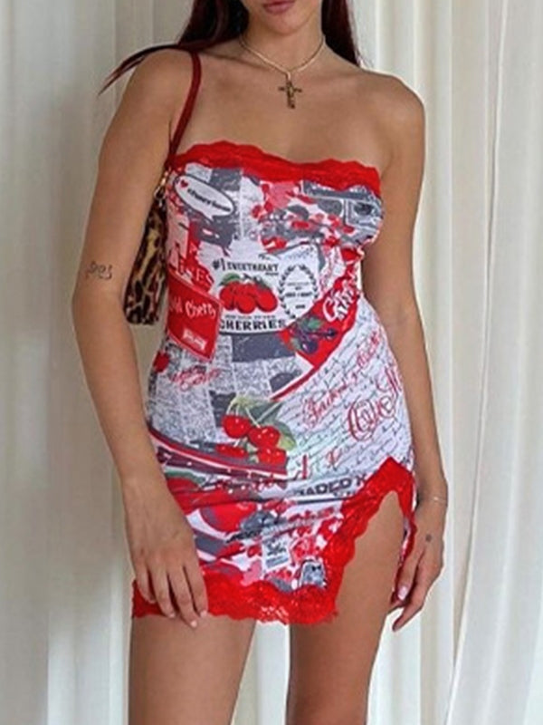 Lace Trim Split Strapless Bodycon Mini Dress Mini Dresses