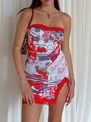 Lace Trim Split Strapless Bodycon Mini Dress Mini Dresses