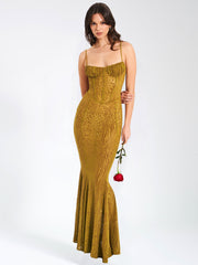 Ulani Gold Burnout Velvet Graceful Detail Mesh Maxi Dress Dresses