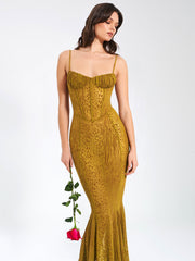 Ulani Gold Burnout Velvet Graceful Detail Mesh Maxi Dress S / US 4 6 Dresses
