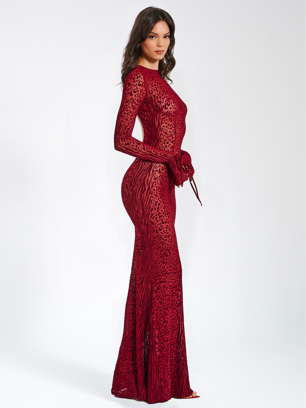 Waylynn Burgundy Burnout Velvet Graceful Detail Mesh Backless Maxi Dress Dresses