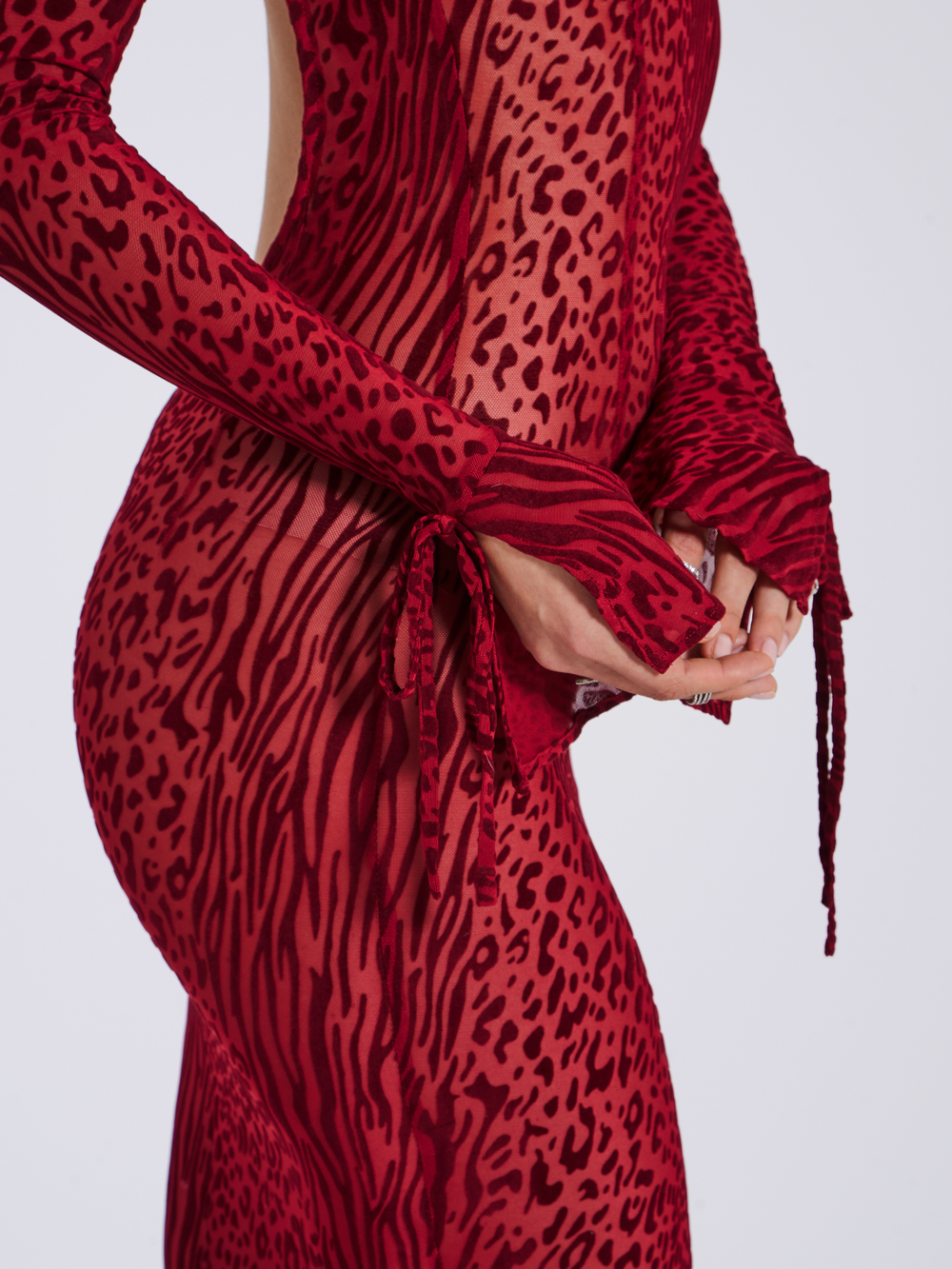 Waylynn Burgundy Burnout Velvet Graceful Detail Mesh Backless Maxi Dress Dresses