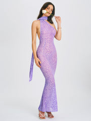 Olena Purple Burnout Velvet Animal Trendy Print Mesh Halter Neck Maxi Dress XXS / US Dresses