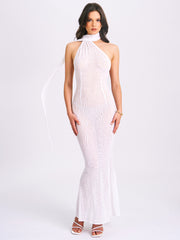 Olena White Burnout Velvet Animal Trendy Print Mesh Halter Neck Maxi Dress Dresses