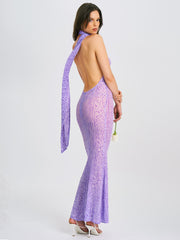 Olena Purple Burnout Velvet Animal Trendy Print Mesh Halter Neck Maxi Dress Dresses