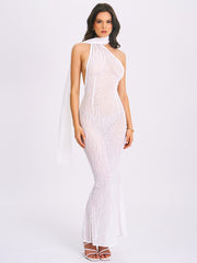 Olena White Burnout Velvet Animal Trendy Print Mesh Halter Neck Maxi Dress XL / US 12 14 Dresses