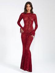 Waylynn Burgundy Burnout Velvet Graceful Detail Mesh Backless Maxi Dress M / US 6 8 Dresses