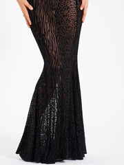 Ulani Black Burnout Velvet Graceful Detail Mesh Maxi Dress Dresses