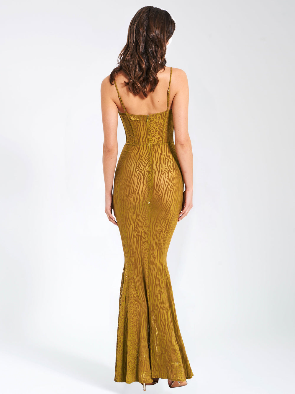 Ulani Gold Burnout Velvet Graceful Detail Mesh Maxi Dress Dresses