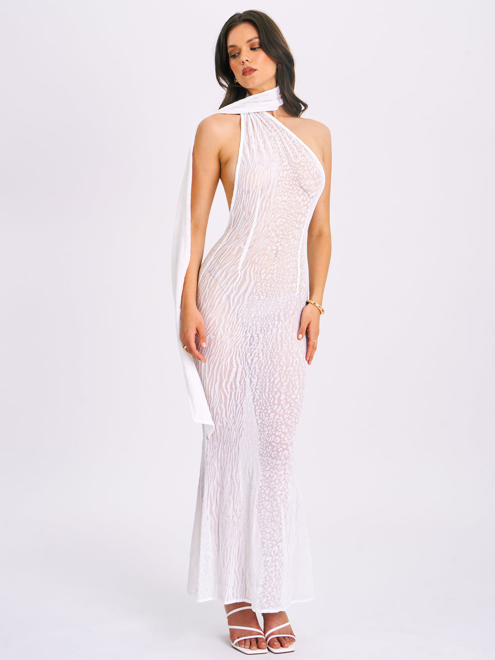 Olena White Burnout Velvet Animal Trendy Print Mesh Halter Neck Maxi Dress Dresses