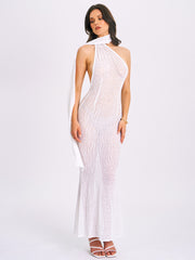Olena White Burnout Velvet Animal Trendy Print Mesh Halter Neck Maxi Dress Dresses
