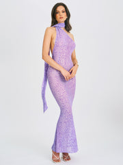 Olena Purple Burnout Velvet Animal Trendy Print Mesh Halter Neck Maxi Dress Dresses