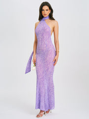 Olena Purple Burnout Velvet Animal Trendy Print Mesh Halter Neck Maxi Dress Dresses