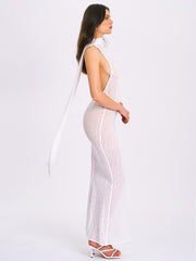 Olena White Burnout Velvet Animal Trendy Print Mesh Halter Neck Maxi Dress Dresses