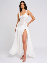 Ulissa White Square Neck Jacquard Trendy Textured High Slit Maxi Dress L / US 10 12 Dresses