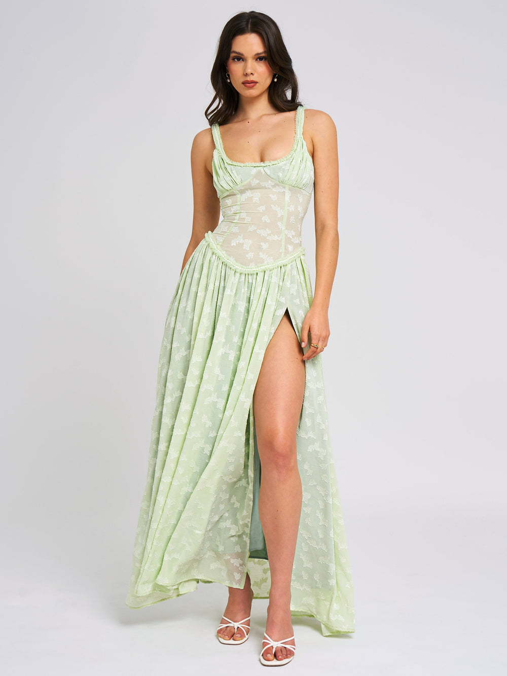Ulissa Light Green Square Neck Trendy Jacquard Textured High Slit Maxi Dress Dresses