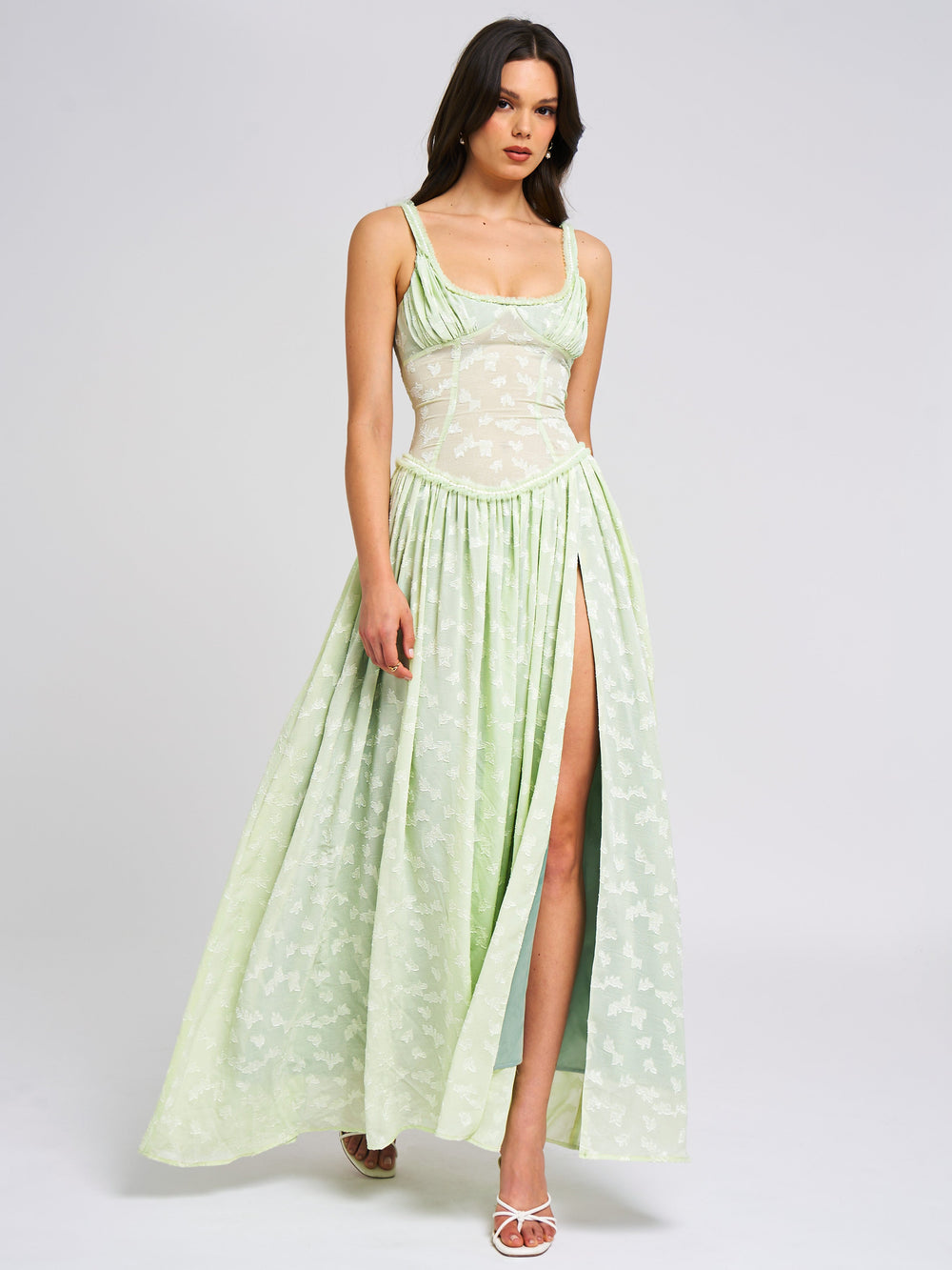 Ulissa Light Green Square Neck Trendy Jacquard Textured High Slit Maxi Dress M / US 6 8 Dresses