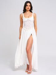 Ulissa White Square Neck Jacquard Trendy Textured High Slit Maxi Dress XL / US 12 14 Dresses
