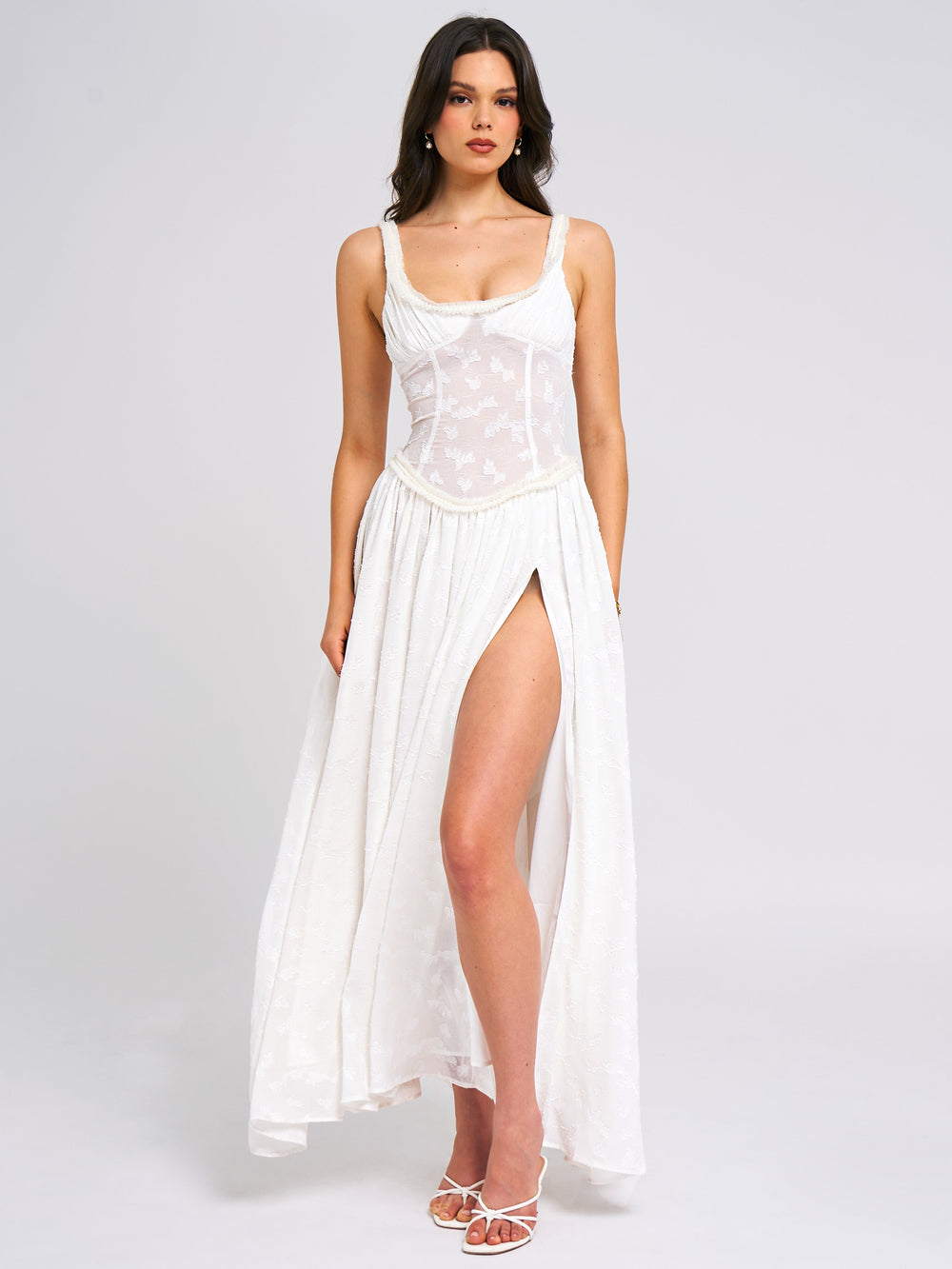 Ulissa White Square Neck Jacquard Trendy Textured High Slit Maxi Dress XL / US 12 14 Dresses
