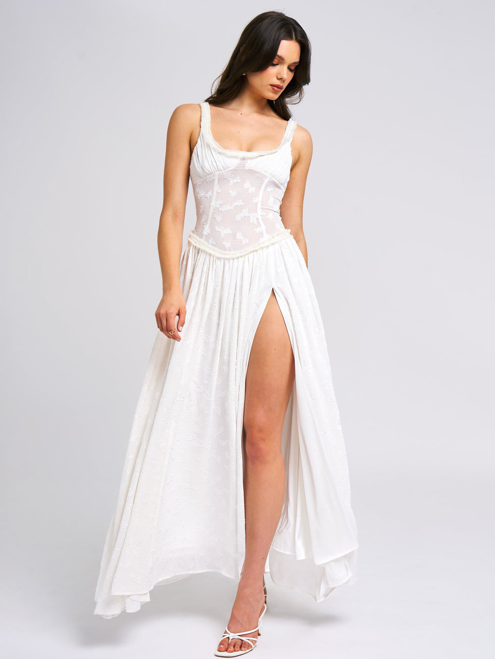 Ulissa White Square Neck Jacquard Trendy Textured High Slit Maxi Dress XXS / US Dresses