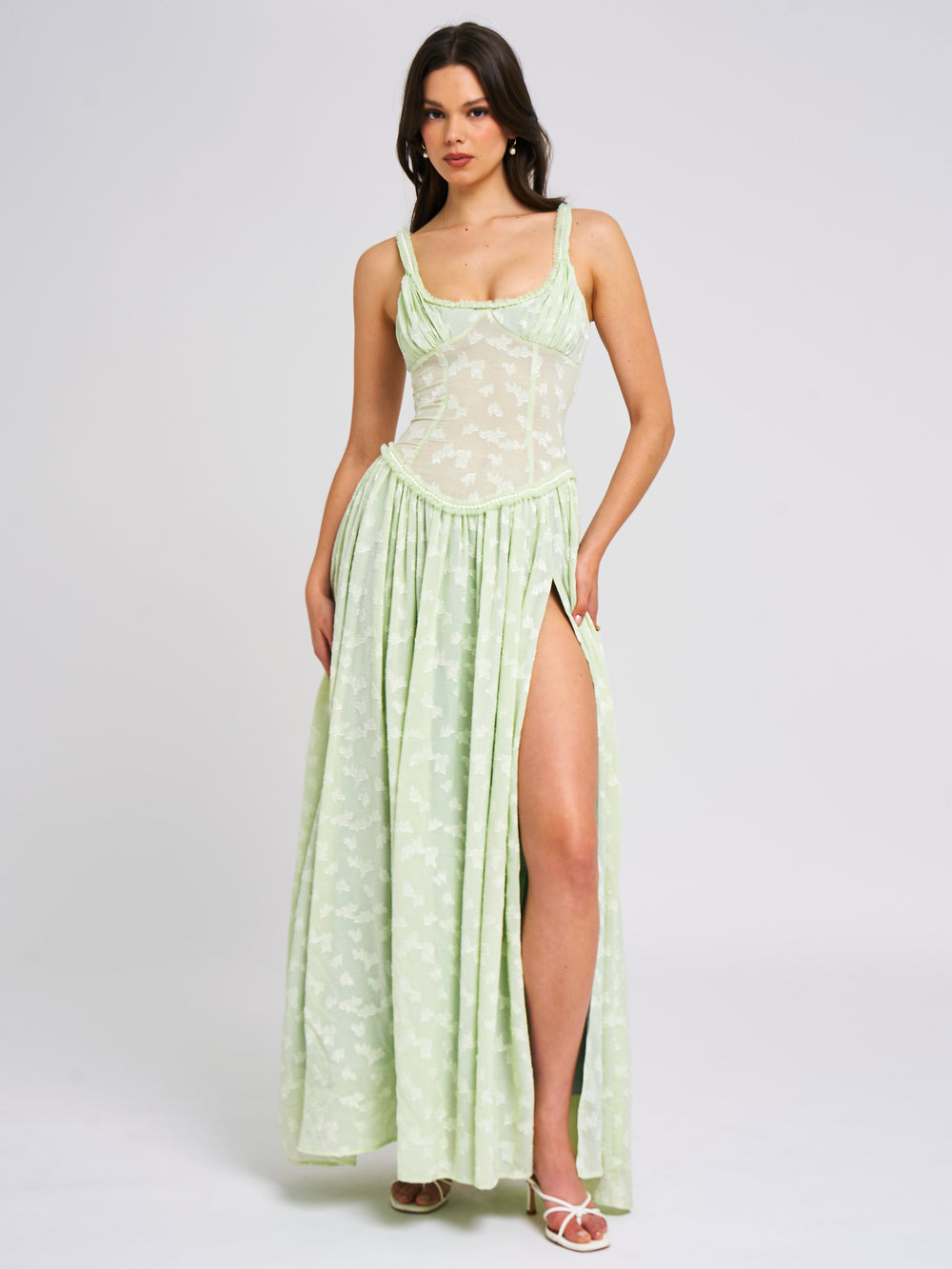 Ulissa Light Green Square Neck Trendy Jacquard Textured High Slit Maxi Dress L / US 10 12 Dresses