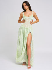 Ulissa Light Green Square Neck Trendy Jacquard Textured High Slit Maxi Dress XL / US 12 14 Dresses