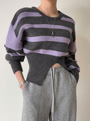 Stripe Asymmetric Graceful Notched Crop Sweater Sweaters L