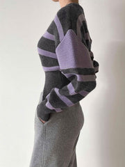Stripe Asymmetric Graceful Notched Crop Sweater Sweaters L