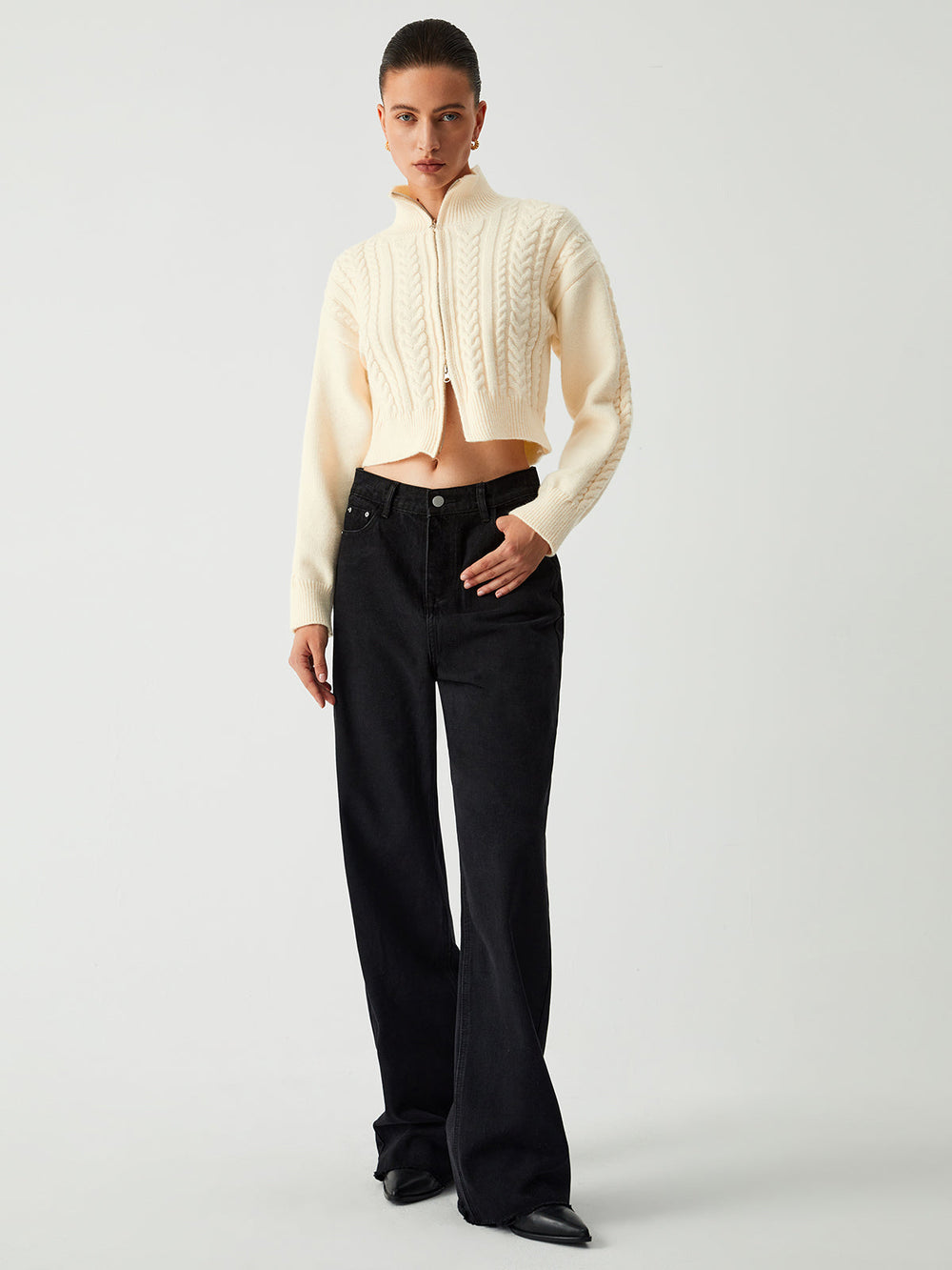 Cable Knit Two Trendy Way Zip Crop Cardigan Sweaters L