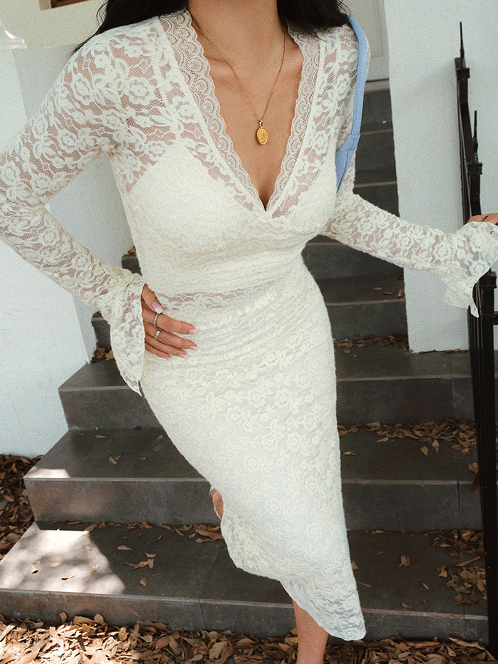 Floral Lace Long Trendy Sleeve Plunge Midi Dress Dresses